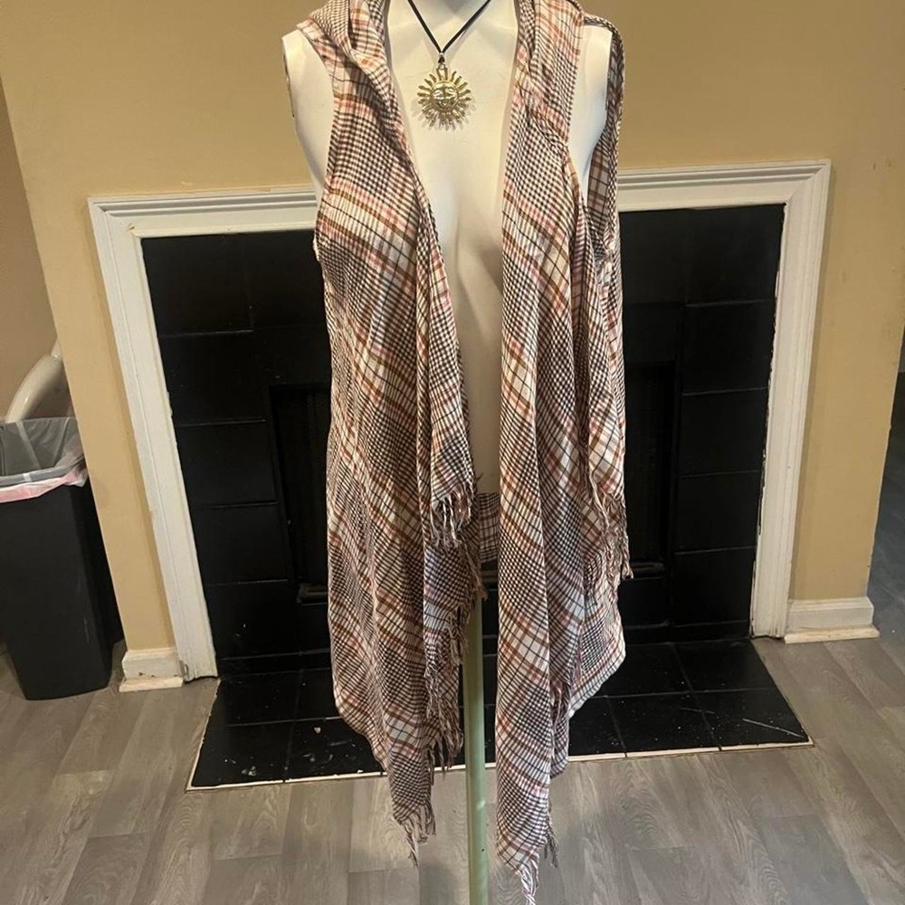Brown and beige plaid hooded vest Boho Indie Western